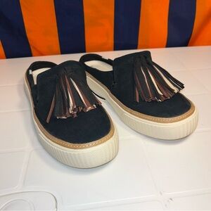 Ladies Toms Black Suede Sunrise Shoes With Tassel women Size 6.5 mules slip on